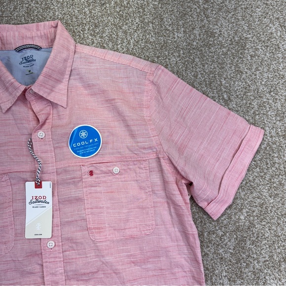 NWT IZOD Salwater Men's Pink Short Sleeve Shirt Size M Short Sleeve Stripe - Picture 3 of 14